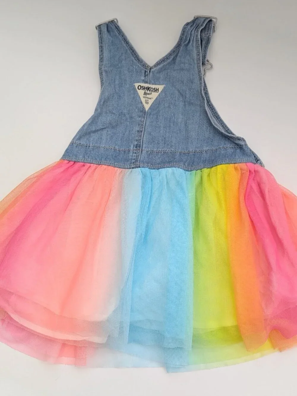 OshKosh Girls' (4T) Denim Overall Dress/Jumper with Rainbow Colored Tulle Skirt